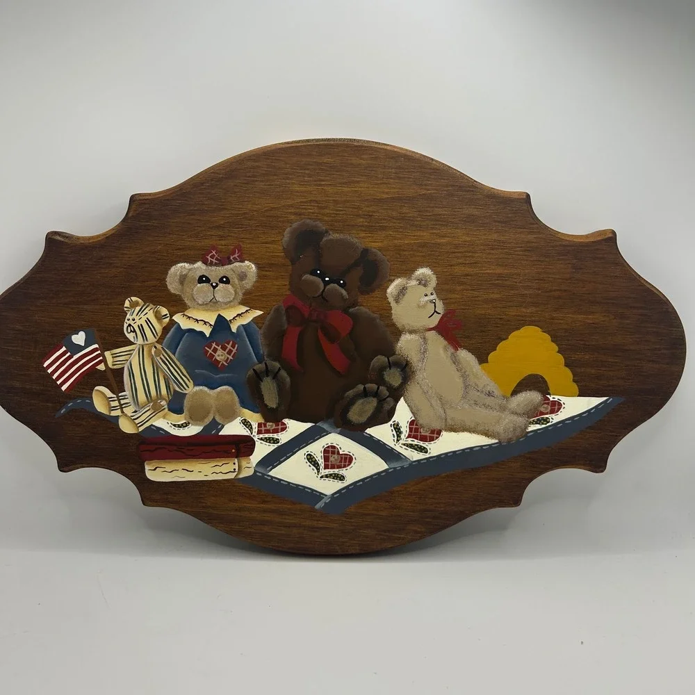 Cottagecore Nursery Hand Painted Wood Wall Plaques Teddy Bears Colonial 2pc
